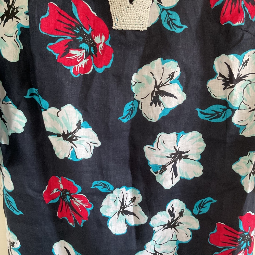 Talbots 100% Linen Beaded Neckline Navy Hibiscus Tropical Floral Tunic Dress XS - Picture 3 of 15